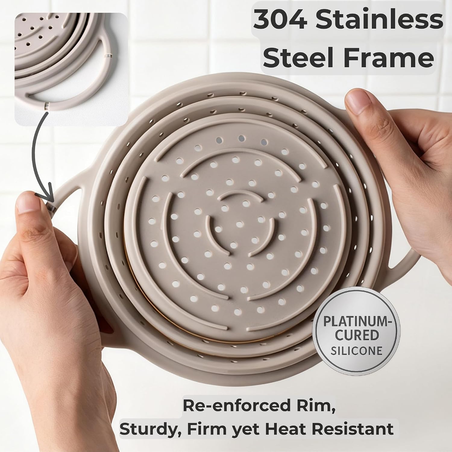 3 Pack Collapsible Silicone Colander with Stainless Steel Rim