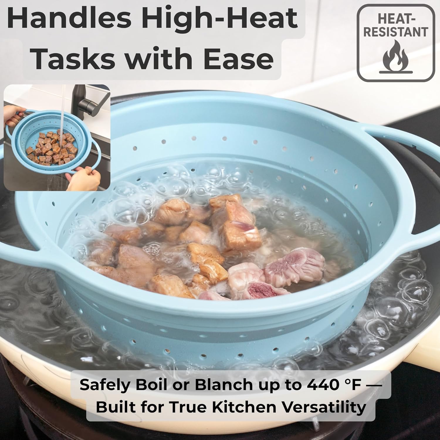 3 Pack Collapsible Silicone Colander with Stainless Steel Rim