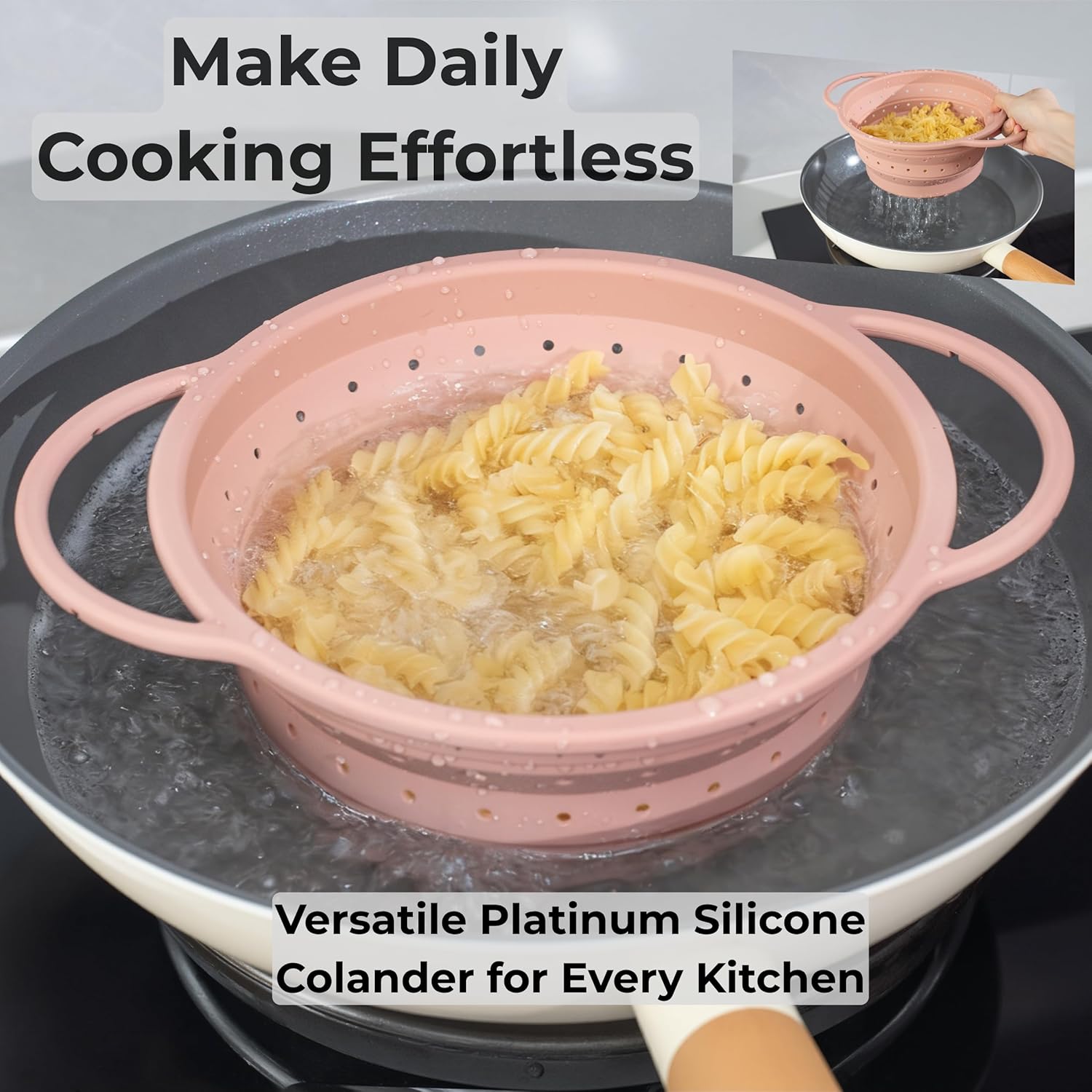 3 Pack Collapsible Silicone Colander with Stainless Steel Rim