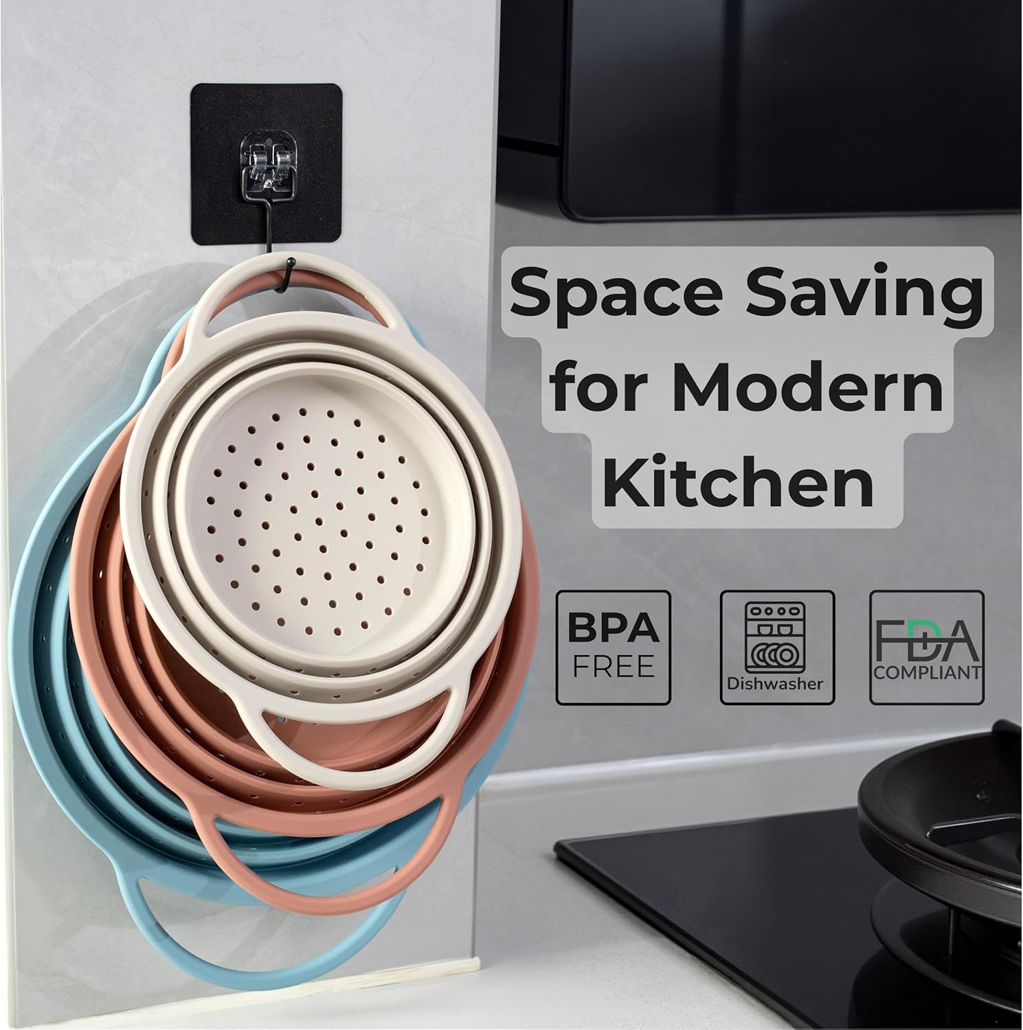 3 Pack Collapsible Silicone Colander with Stainless Steel Rim