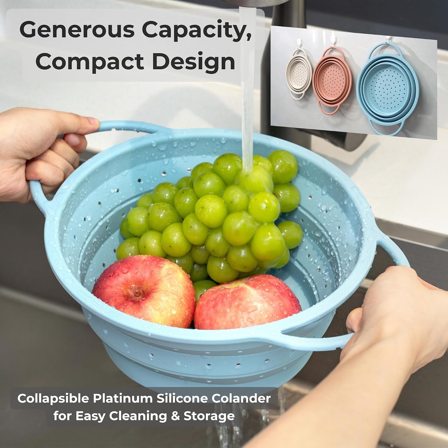3 Pack Collapsible Silicone Colander with Stainless Steel Rim