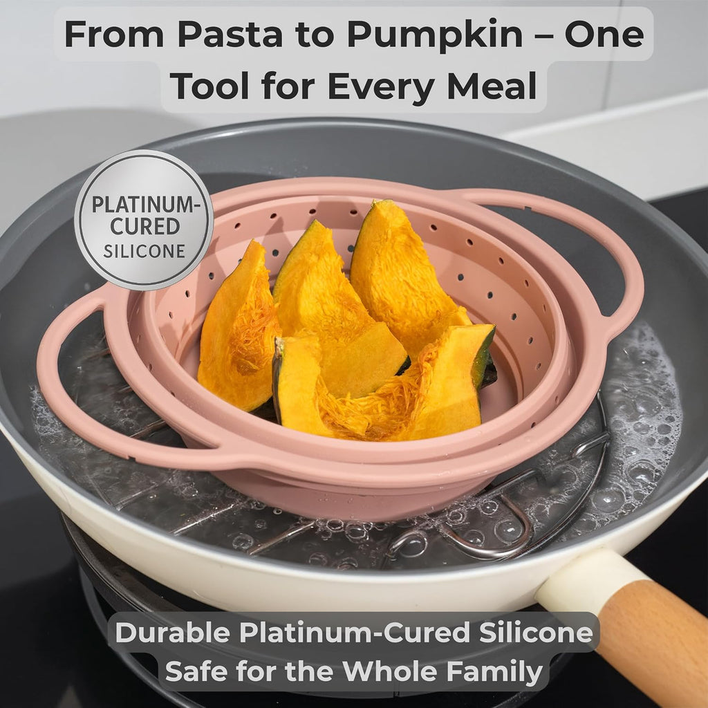 3 Pack Collapsible Silicone Colander with Stainless Steel Rim